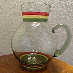 Hand Blown Glass Hand Painted Striped Glass Pitcher